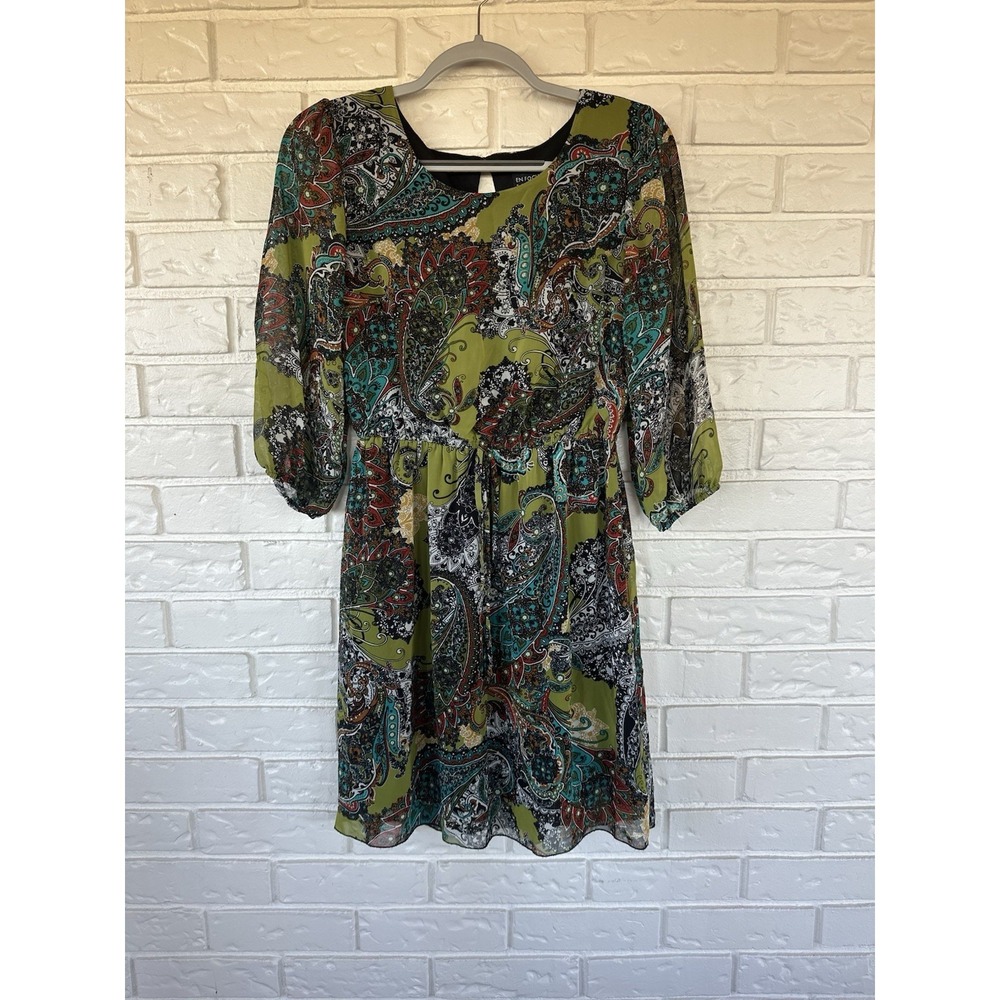 En Focus Studio Paisley Boho Mini Dress Green Size 4